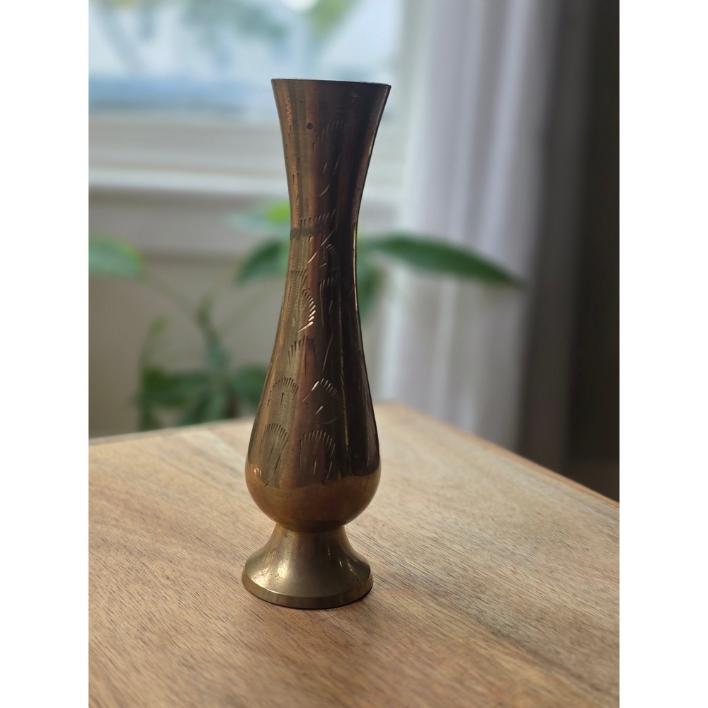 Vintage Etched Brass Bud Vase Made in India 8 Inch Boho Decorative Flower Vessel
